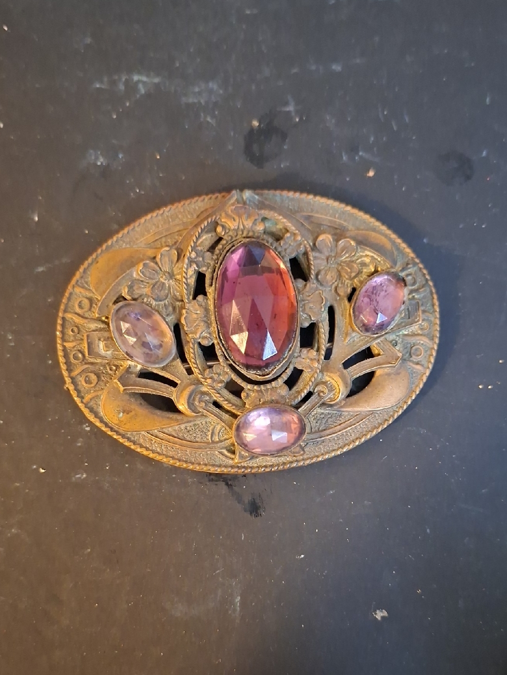 Antique Czeckslovakia Brass Oval Hair Barrette, Purple Faceted Glass Stones